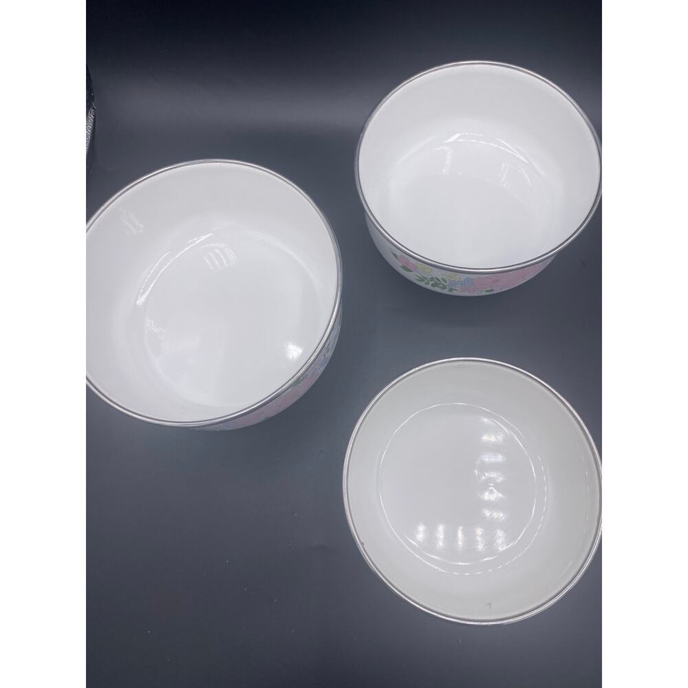 set of 3 Vintage Kobe Kitchen Pink Flower Enamelware Nesting Bowls - Picture 5 of 5